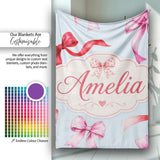 Watercolor Ribbon Bow Seamless Pattern on Soft Blue Background  Personalised Custom Name Super Soft Fleece Blanket Bed Sofa Throw