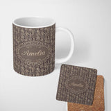 Personalized Custom Name Classic Victorian Garden People Scene Pattern in Sepia Seamless 11oz Ceramic Coffee Tea Mug White Large Handle