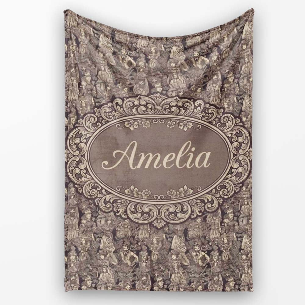 Classic Victorian Garden People Scene Pattern in Sepia Seamless  Personalised Custom Name Super Soft Fleece Blanket Bed Sofa Throw