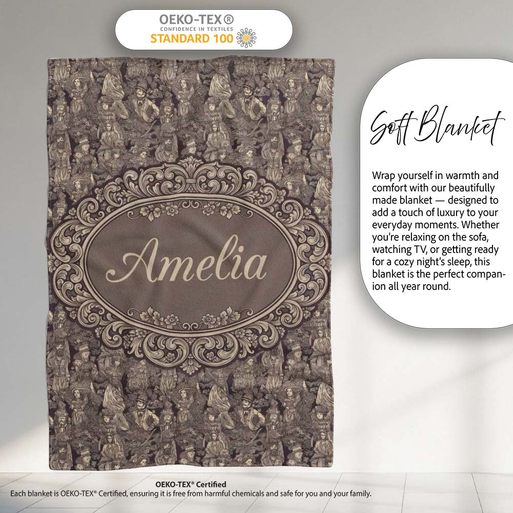 Classic Victorian Garden People Scene Pattern in Sepia Seamless  Personalised Custom Name Super Soft Fleece Blanket Bed Sofa Throw