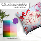 Custom Name Watercolor Ribbon Bow Seamless Pattern on Soft Blue Square Filled Cushion Throw Pillow Sofa Bed Home Decor Zip Washable UK Made