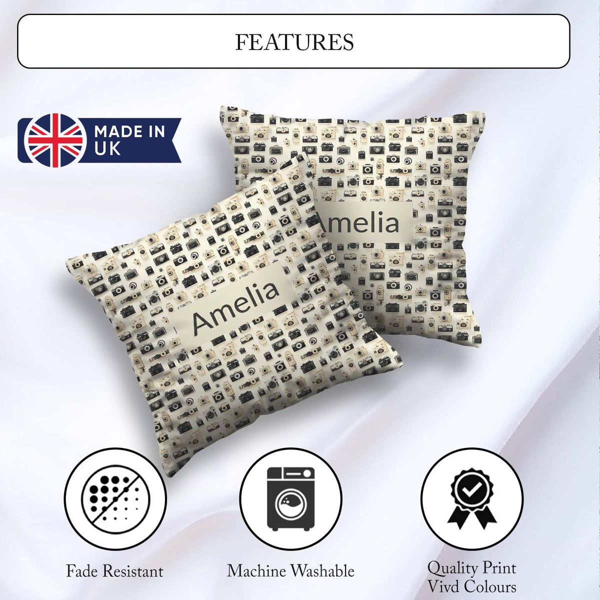 Custom Name Retro Collection Pattern Minimal Beige Seamless Name Square Filled Cushion Throw Pillow Sofa Bed Home Decor Zip Washable UK Made