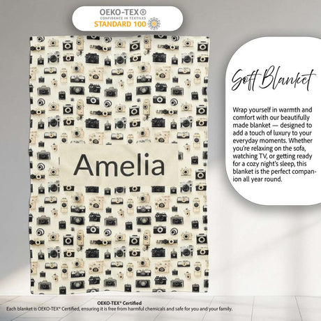 Retro Camera Collection Pattern Minimal Beige Seamless Name Cute  Personalised Custom Name Super Soft Fleece Blanket Bed Sofa Throw