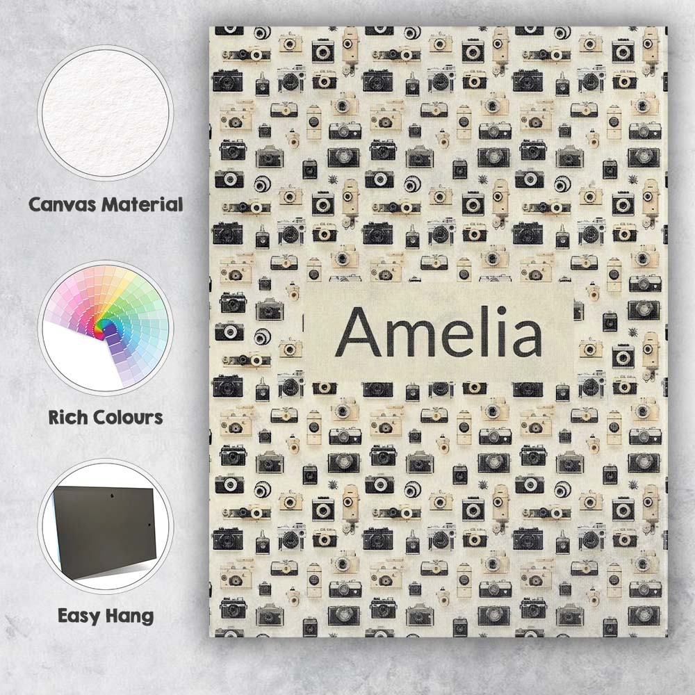 Personalised Name Retro Camera Collection Custom  Unique Gift Idea Elegant Feature Canvas Wall Art Print Decor Picture Ready to Hang