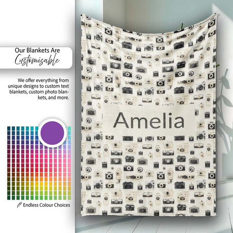 Retro Camera Collection Pattern Minimal Beige Seamless Name Cute  Personalised Custom Name Super Soft Fleece Blanket Bed Sofa Throw