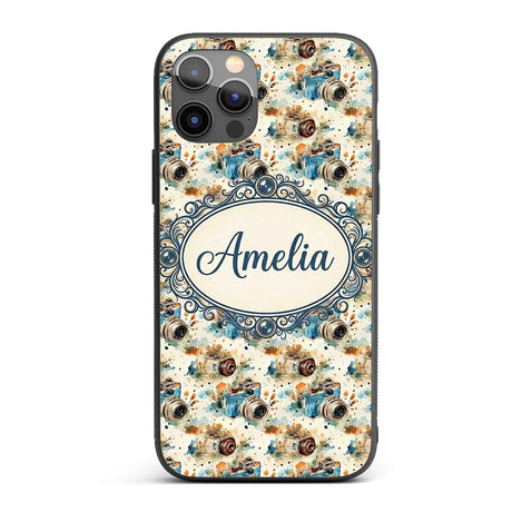 Watercolor Vintage Camera Pattern Artistic Splash Custom Name Protective Phone Case Mobile Cover Durable Everyday Smartphone Shock Resistant