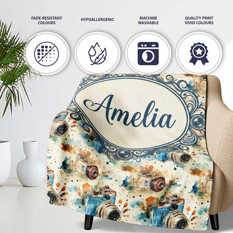 Watercolor Vintage Camera Pattern Artistic Splash Seamless Name Cute  Personalised Custom Name Super Soft Fleece Blanket Bed Sofa Throw