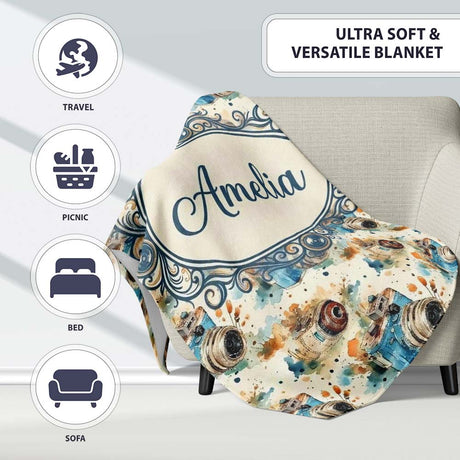 Watercolor Vintage Camera Pattern Artistic Splash Seamless Name Cute  Personalised Custom Name Super Soft Fleece Blanket Bed Sofa Throw