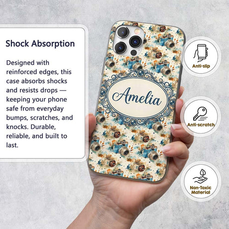 Watercolor Vintage Camera Pattern Artistic Splash Custom Name Protective Phone Case Mobile Cover Durable Everyday Smartphone Shock Resistant