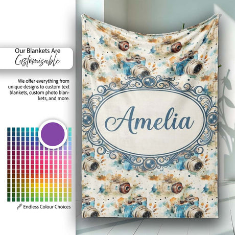 Watercolor Vintage Camera Pattern Artistic Splash Seamless Name Cute  Personalised Custom Name Super Soft Fleece Blanket Bed Sofa Throw