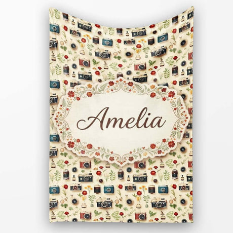Vintage Cameras and Floral Elements Pattern Seamless Name Cute  Personalised Custom Name Super Soft Fleece Blanket Bed Sofa Throw