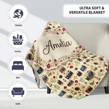 Vintage Cameras and Floral Elements Pattern Seamless Name Cute  Personalised Custom Name Super Soft Fleece Blanket Bed Sofa Throw