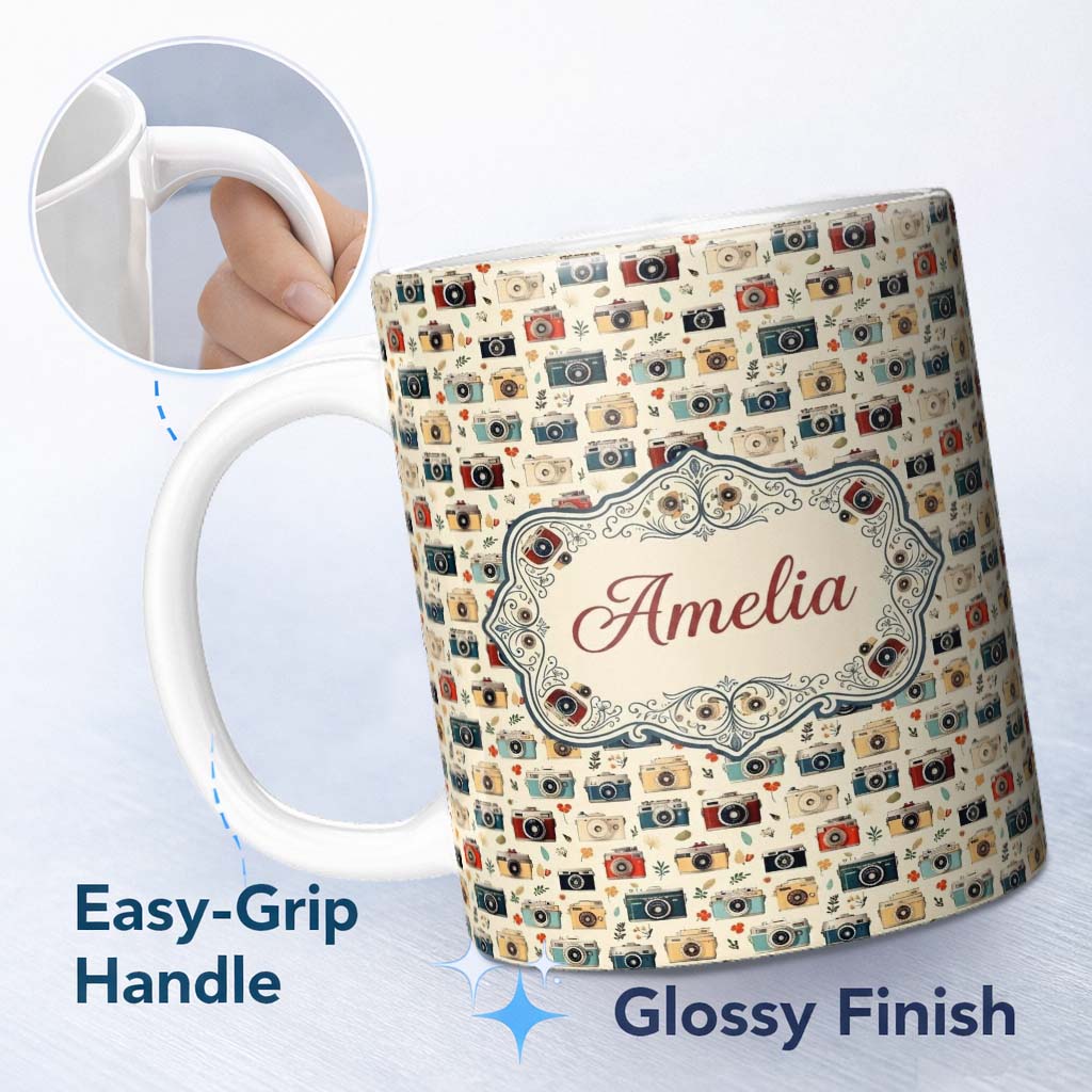 Personalized Custom Name Vintage Retro Camera Pattern with Floral Elements Seamless Name Cute 11oz Ceramic Coffee Tea Mug White Large Handle