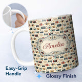 Personalized Custom Name Vintage Retro Camera Pattern with Floral Elements Seamless Name Cute 11oz Ceramic Coffee Tea Mug White Large Handle
