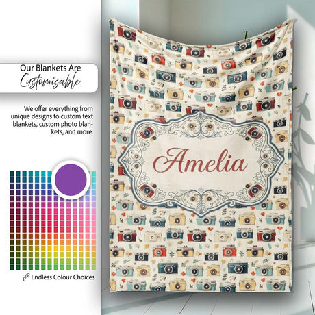 Vintage Retro Camera Pattern with Floral Elements Seamless Name Cute  Personalised Custom Name Super Soft Fleece Blanket Bed Sofa Throw