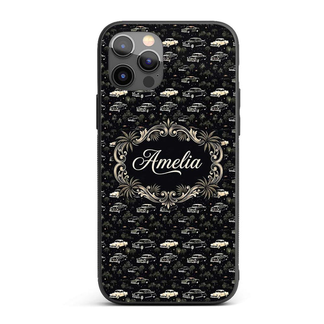 Classic Vintage Cars and Palm Trees Night Pattern Custom Name Protective Phone Case Mobile Cover Durable Everyday Smartphone Shock Resistant