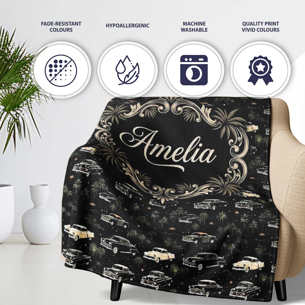 Classic Vintage Cars and Palm Trees Night Pattern Seamless Name Cute  Personalised Custom Name Super Soft Fleece Blanket Bed Sofa Throw