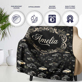 Classic Vintage Cars and Palm Trees Night Pattern Seamless Name Cute  Personalised Custom Name Super Soft Fleece Blanket Bed Sofa Throw