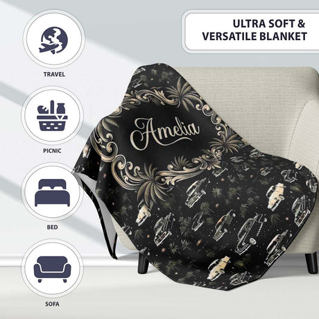 Classic Vintage Cars and Palm Trees Night Pattern Seamless Name Cute  Personalised Custom Name Super Soft Fleece Blanket Bed Sofa Throw
