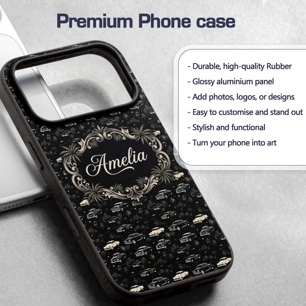 Classic Vintage Cars and Palm Trees Night Pattern Custom Name Protective Phone Case Mobile Cover Durable Everyday Smartphone Shock Resistant