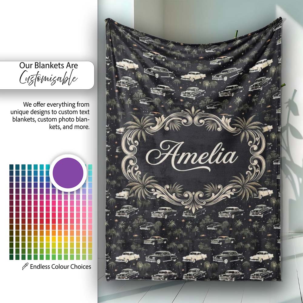 Classic Vintage Cars and Palm Trees Night Pattern Seamless Name Cute  Personalised Custom Name Super Soft Fleece Blanket Bed Sofa Throw