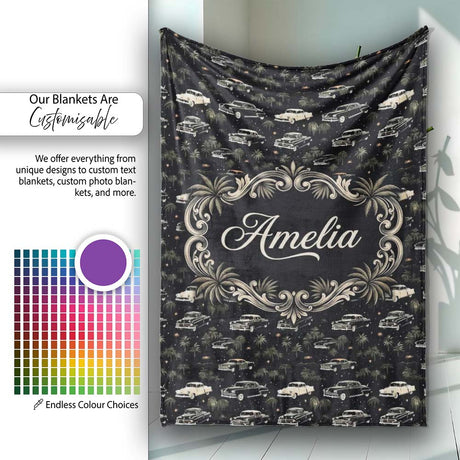 Classic Vintage Cars and Palm Trees Night Pattern Seamless Name Cute  Personalised Custom Name Super Soft Fleece Blanket Bed Sofa Throw