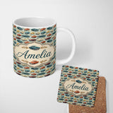 Personalized Custom Name Colorful Retro Cars Autumn Leaves Pattern Seamless Name Cute Unique 11oz Ceramic Coffee Tea Mug White Large Handle