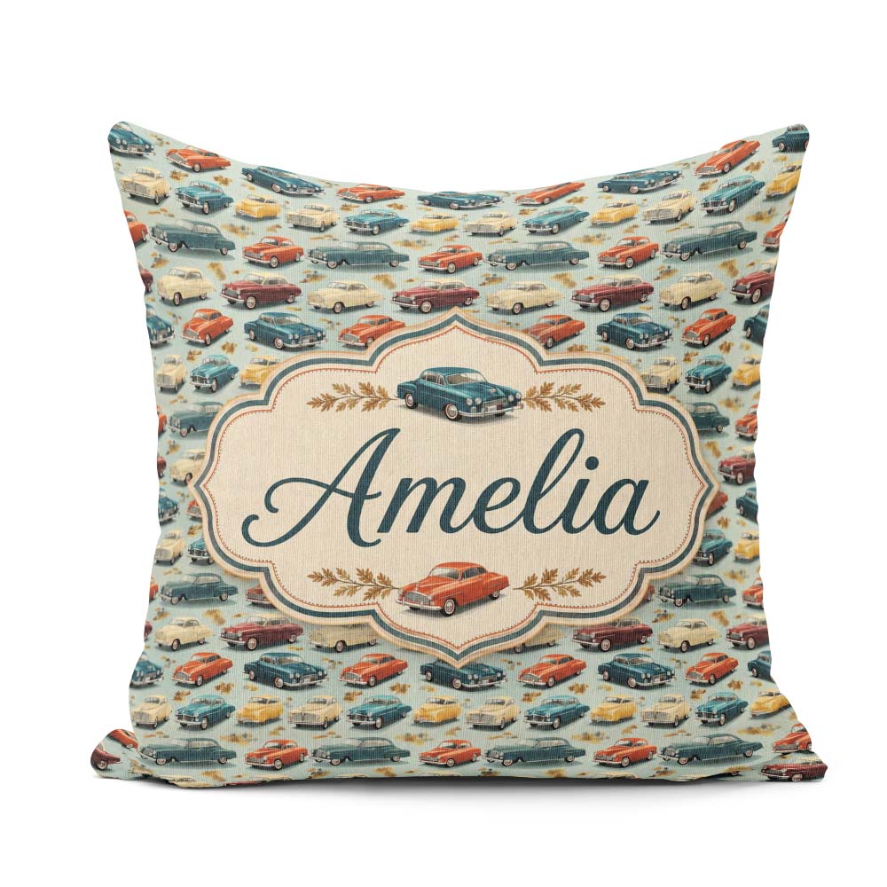 Custom Name Colorful Retro Cars Autumn Leaves Seamless Name Cute Square Filled Cushion Throw Pillow Sofa Bed Home Decor Zip Washable UK Made
