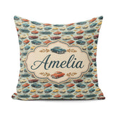 Custom Name Colorful Retro Cars Autumn Leaves Seamless Name Cute Square Filled Cushion Throw Pillow Sofa Bed Home Decor Zip Washable UK Made
