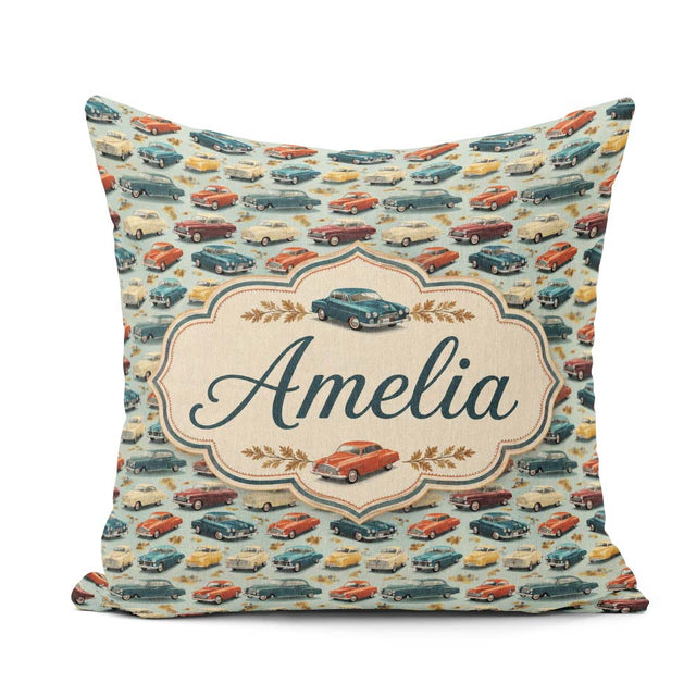 Custom Name Colorful Retro Cars Autumn Leaves Seamless Name Cute Square Filled Cushion Throw Pillow Sofa Bed Home Decor Zip Washable UK Made