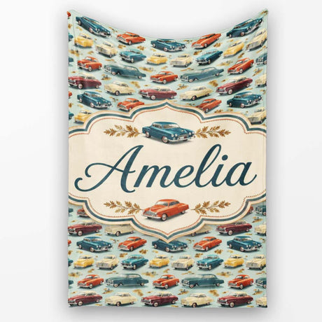 Colorful Retro Cars Autumn Leaves Pattern Seamless Name Cute Unique  Personalised Custom Name Super Soft Fleece Blanket Bed Sofa Throw