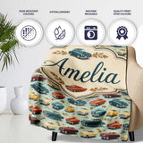 Colorful Retro Cars Autumn Leaves Pattern Seamless Name Cute Unique  Personalised Custom Name Super Soft Fleece Blanket Bed Sofa Throw