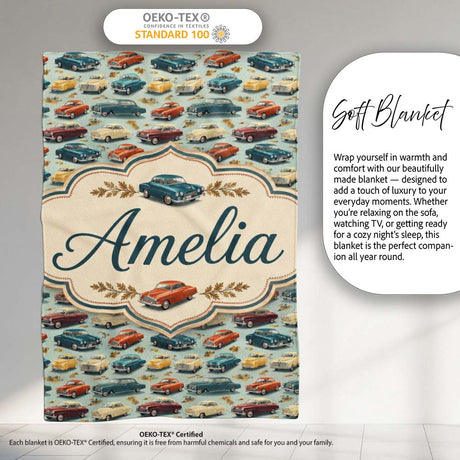 Colorful Retro Cars Autumn Leaves Pattern Seamless Name Cute Unique  Personalised Custom Name Super Soft Fleece Blanket Bed Sofa Throw