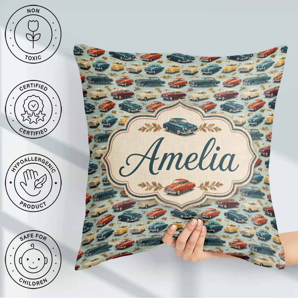 Custom Name Colorful Retro Cars Autumn Leaves Seamless Name Cute Square Filled Cushion Throw Pillow Sofa Bed Home Decor Zip Washable UK Made