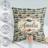 Custom Name Colorful Retro Cars Autumn Leaves Seamless Name Cute Square Filled Cushion Throw Pillow Sofa Bed Home Decor Zip Washable UK Made