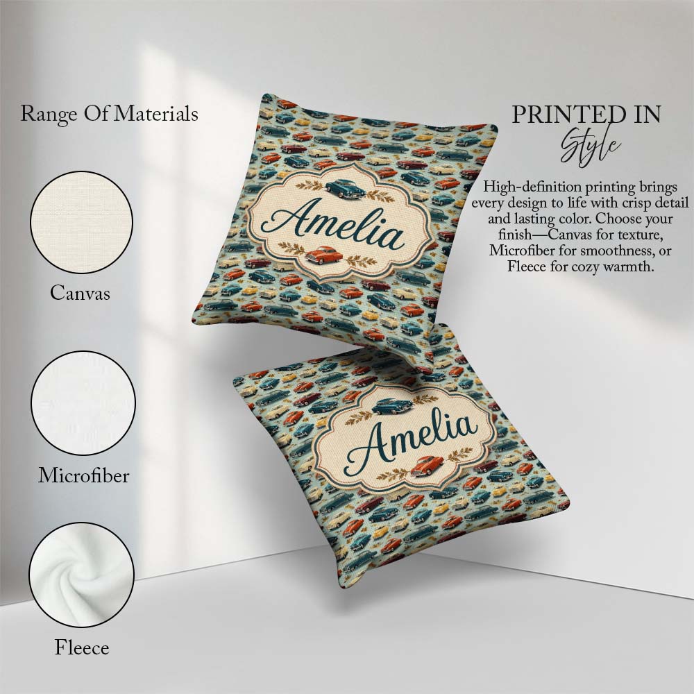 Custom Name Colorful Retro Cars Autumn Leaves Seamless Name Cute Square Filled Cushion Throw Pillow Sofa Bed Home Decor Zip Washable UK Made