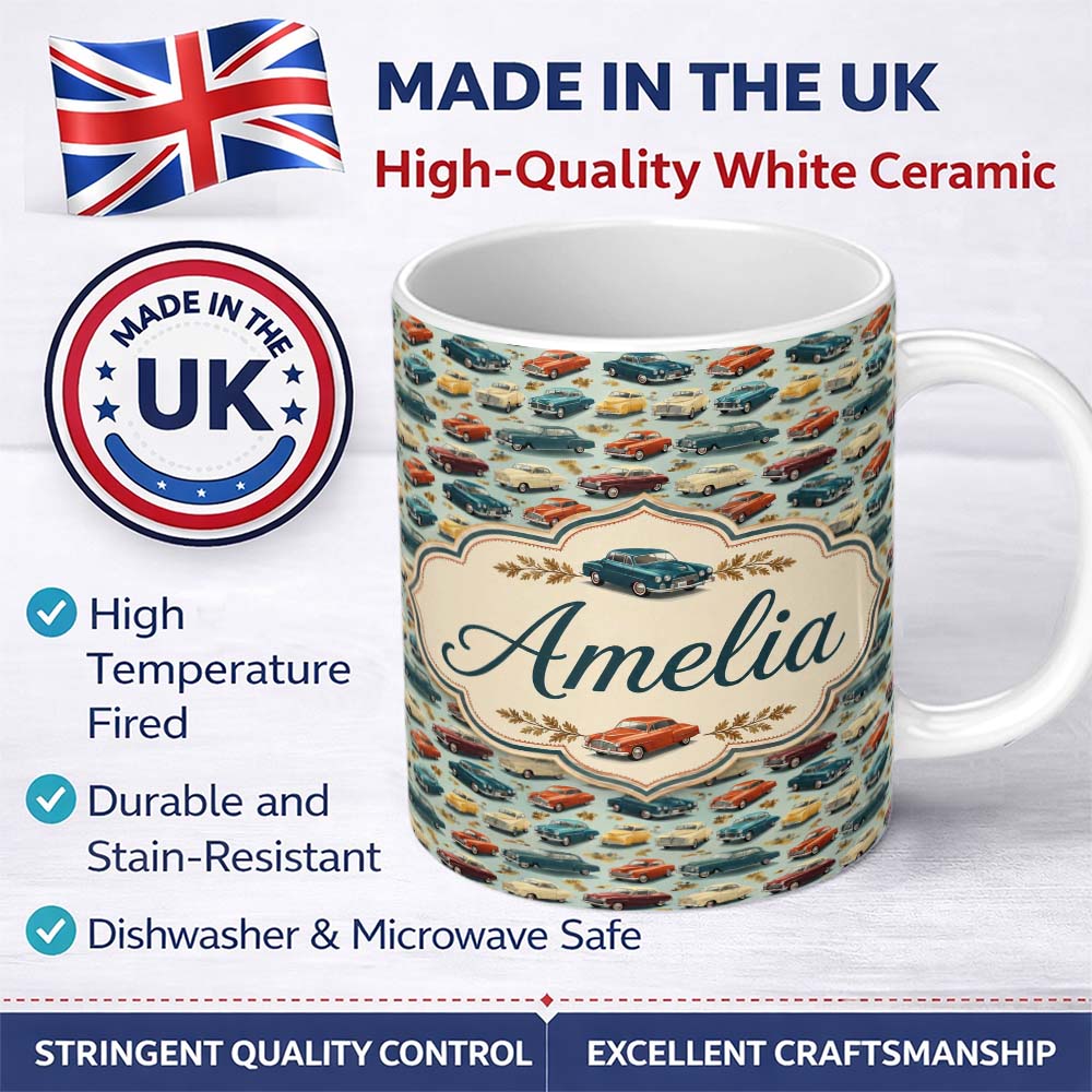 Personalized Custom Name Colorful Retro Cars Autumn Leaves Pattern Seamless Name Cute Unique 11oz Ceramic Coffee Tea Mug White Large Handle