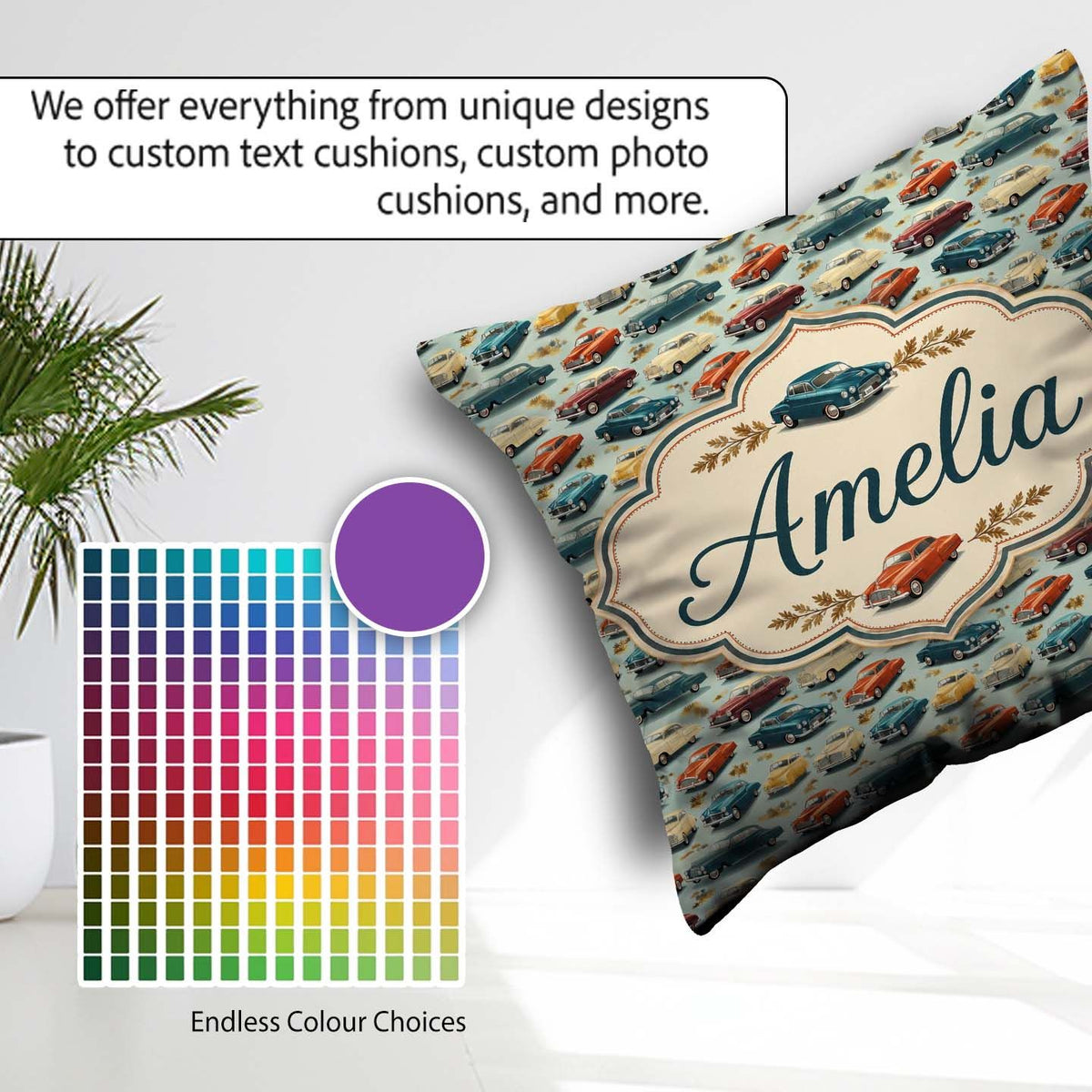 Custom Name Colorful Retro Cars Autumn Leaves Seamless Name Cute Square Filled Cushion Throw Pillow Sofa Bed Home Decor Zip Washable UK Made