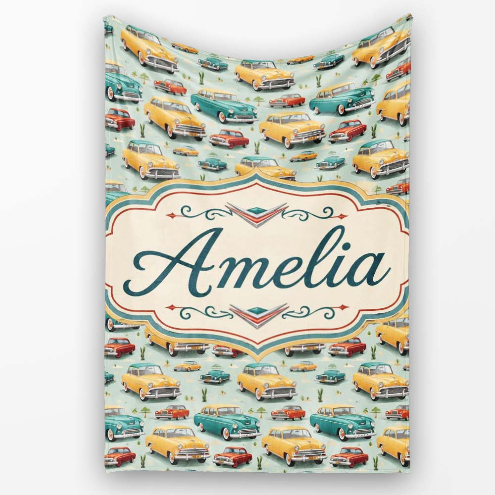 Mid Century Classic Cars Scenic Pattern Seamless Name Cute Unique  Personalised Custom Name Super Soft Fleece Blanket Bed Sofa Throw