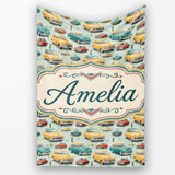 Mid Century Classic Cars Scenic Pattern Seamless Name Cute Unique  Personalised Custom Name Super Soft Fleece Blanket Bed Sofa Throw