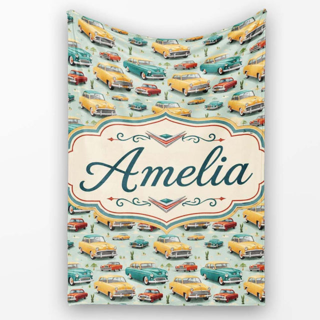 Mid Century Classic Cars Scenic Pattern Seamless Name Cute Unique  Personalised Custom Name Super Soft Fleece Blanket Bed Sofa Throw