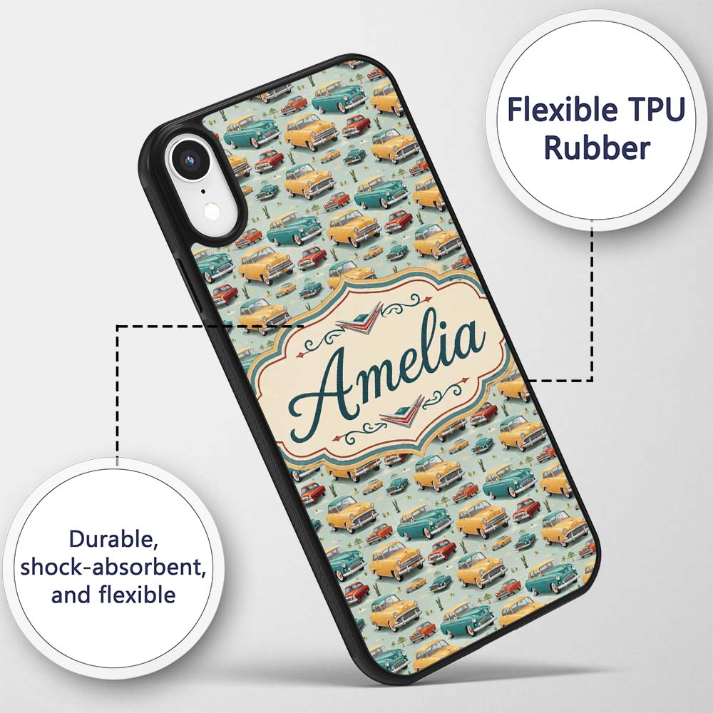 Mid Century Classic Cars Scenic Pattern Seamless Custom Name Protective Phone Case Mobile Cover Durable Everyday Smartphone Shock Resistant