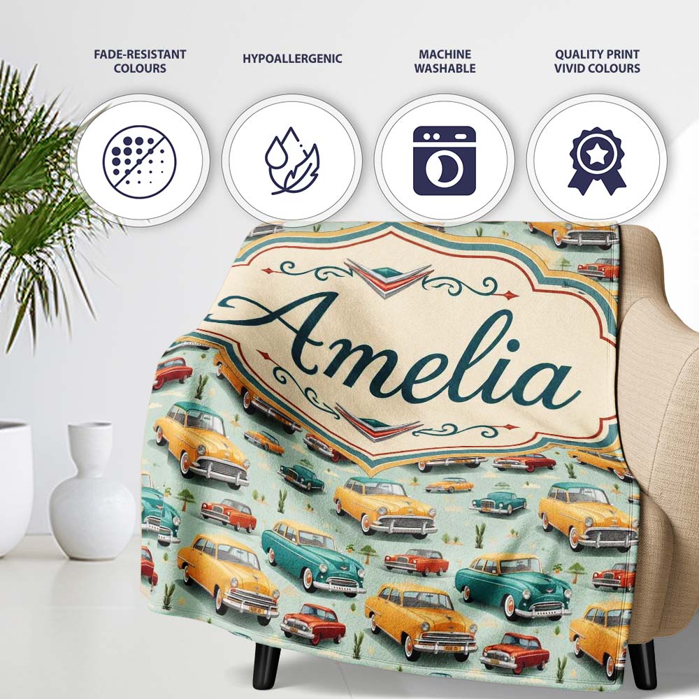 Mid Century Classic Cars Scenic Pattern Seamless Name Cute Unique  Personalised Custom Name Super Soft Fleece Blanket Bed Sofa Throw