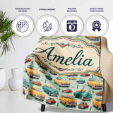 Mid Century Classic Cars Scenic Pattern Seamless Name Cute Unique  Personalised Custom Name Super Soft Fleece Blanket Bed Sofa Throw