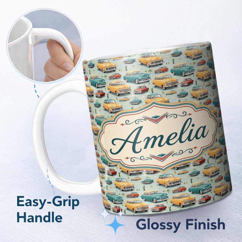 Personalized Custom Name Mid Century Classic Cars Scenic Pattern Seamless Name Cute Unique 11oz Ceramic Coffee Tea Mug White Large Handle