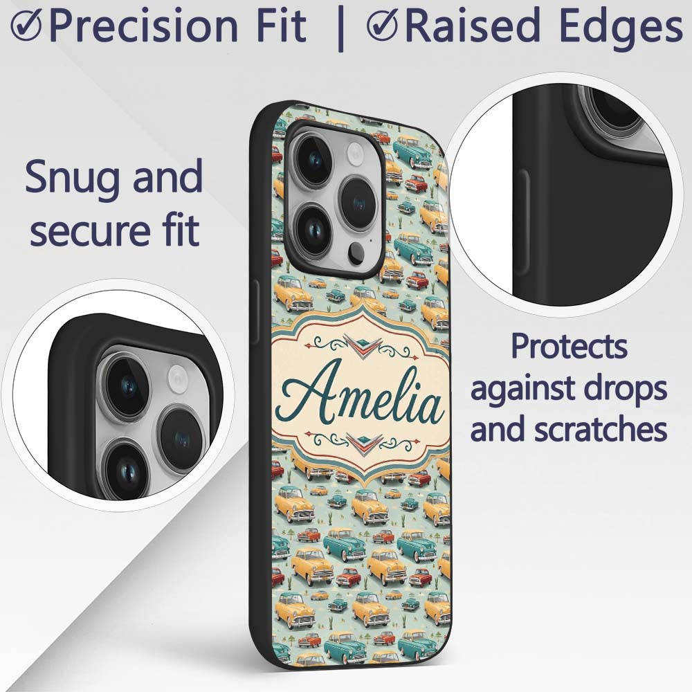 Mid Century Classic Cars Scenic Pattern Seamless Custom Name Protective Phone Case Mobile Cover Durable Everyday Smartphone Shock Resistant