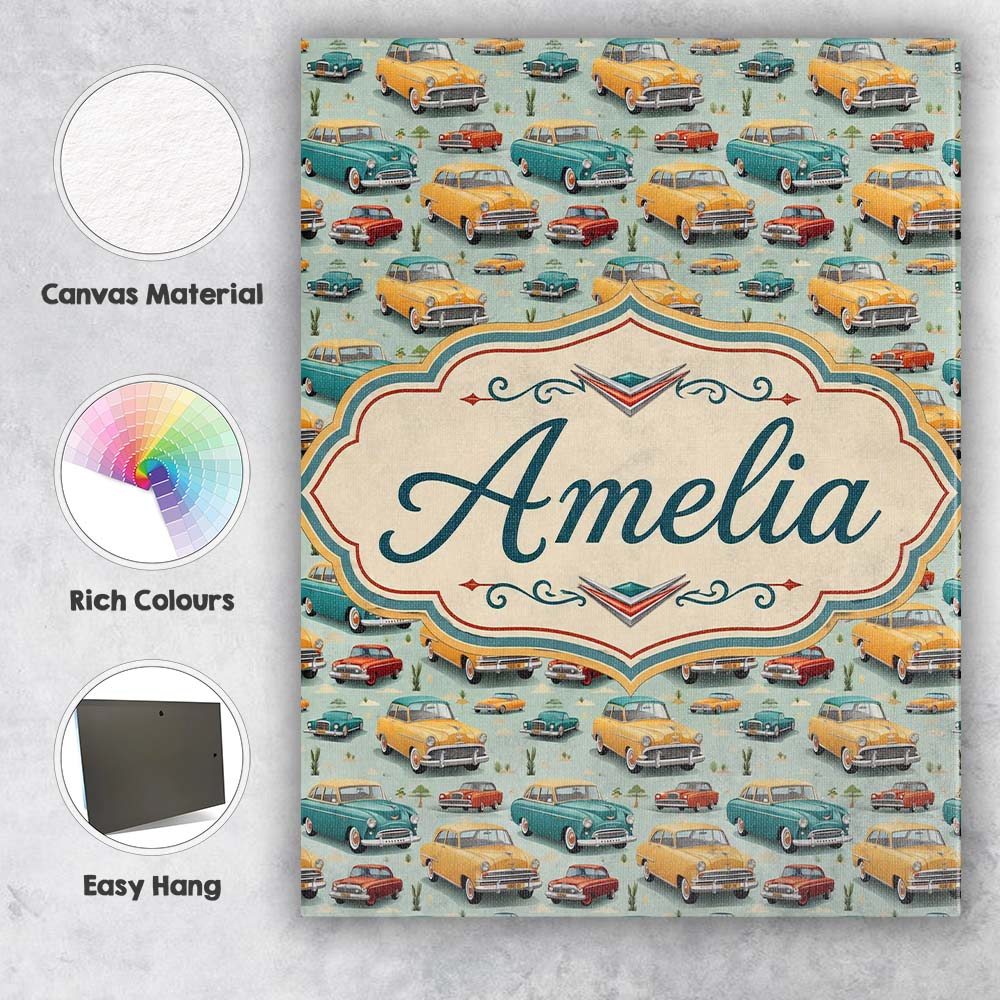Personalised Name Mid Century Classic Cars Custom  Unique Gift Idea Elegant Feature Canvas Wall Art Print Decor Picture Ready to Hang