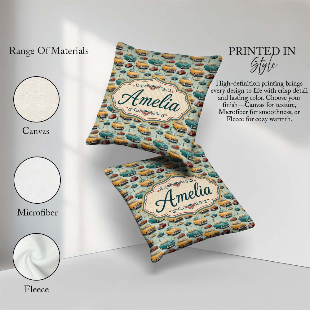 Custom Name Mid Century Classic Cars Pattern Seamless Name Cute Square Filled Cushion Throw Pillow Sofa Bed Home Decor Zip Washable UK Made