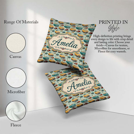 Custom Name Mid Century Classic Cars Pattern Seamless Name Cute Square Filled Cushion Throw Pillow Sofa Bed Home Decor Zip Washable UK Made