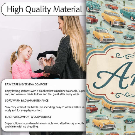 Mid Century Classic Cars Scenic Pattern Seamless Name Cute Unique  Personalised Custom Name Super Soft Fleece Blanket Bed Sofa Throw